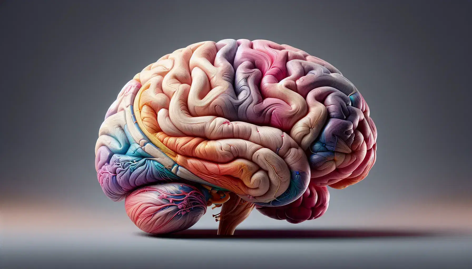Cerebro humano en vista lateral destacando la amígdala y el sistema límbico con tonalidades realistas de rosas y púrpuras.