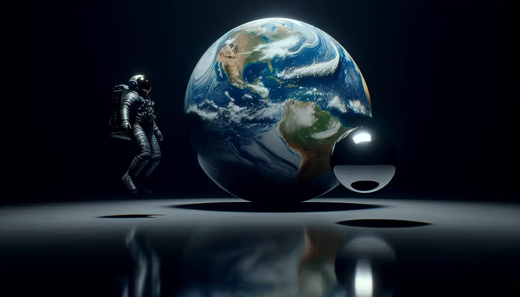 Detailed model of the Earth suspended in space with astronaut in suit and reflective metal sphere, without legible symbols.