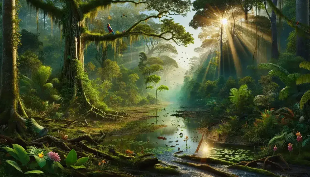 Foresta pluviale rigogliosa con fiume serpeggiante, fauna varia e vegetazione densa riflettente la luce solare.