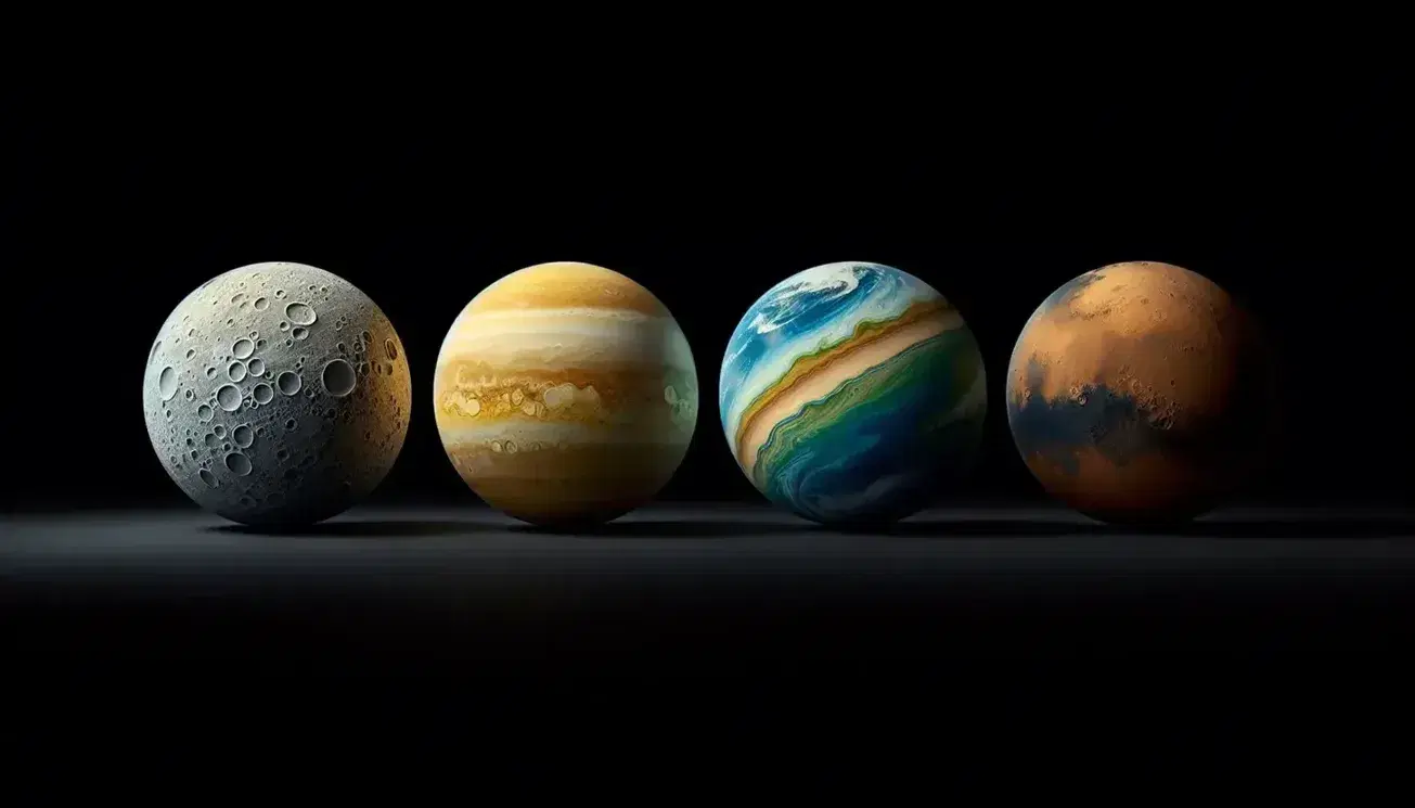 Quattro sfere rappresentano i pianeti terrestri Mercury, Venus, Earth e Mars in fila su sfondo nero, con effetti di luce solare.