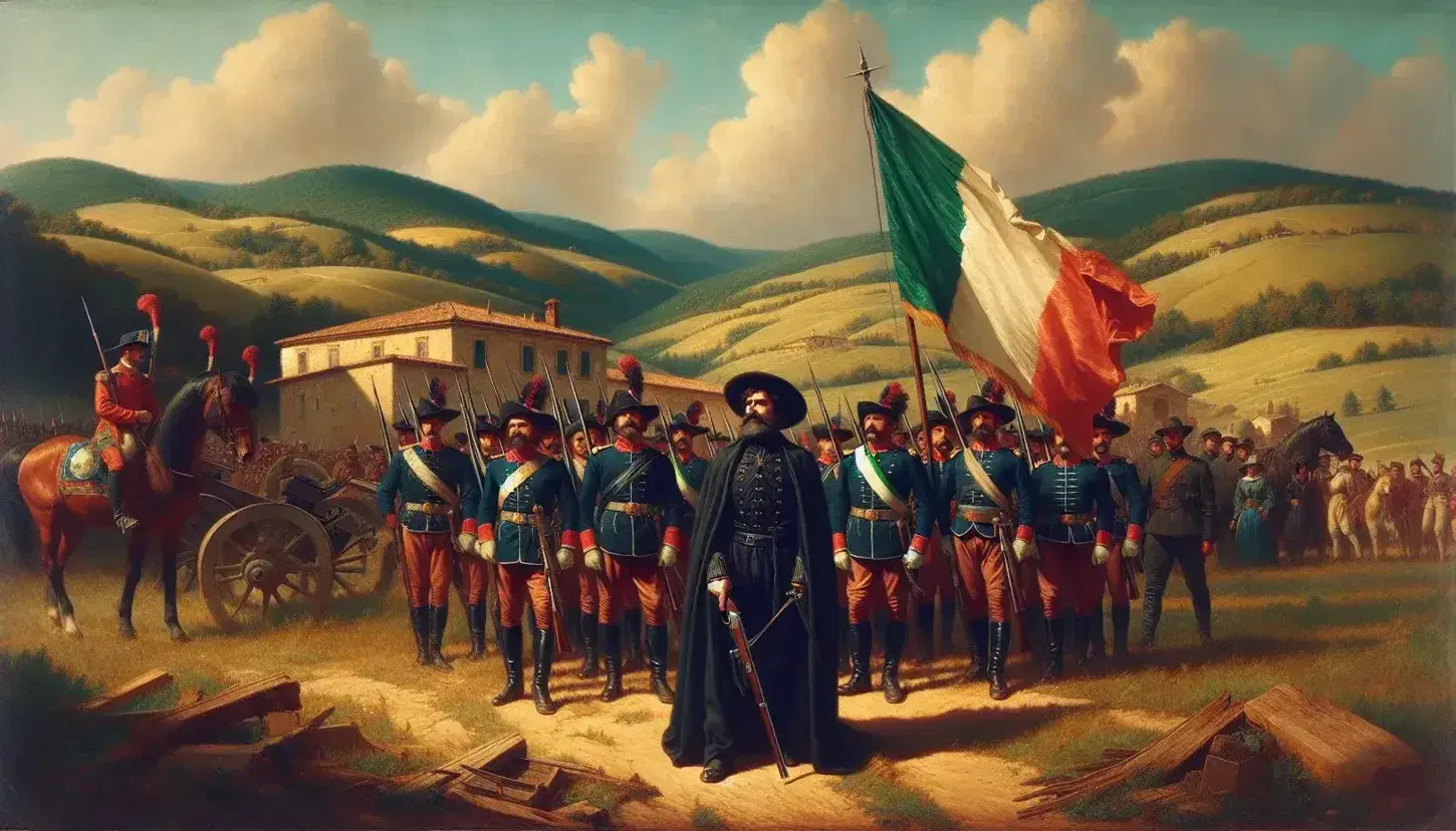 Rievocazione storica con uomini in uniforme militare dell'epoca e tricolore italiano sventolante, su sfondo di paesaggio collinare e cielo azzurro.