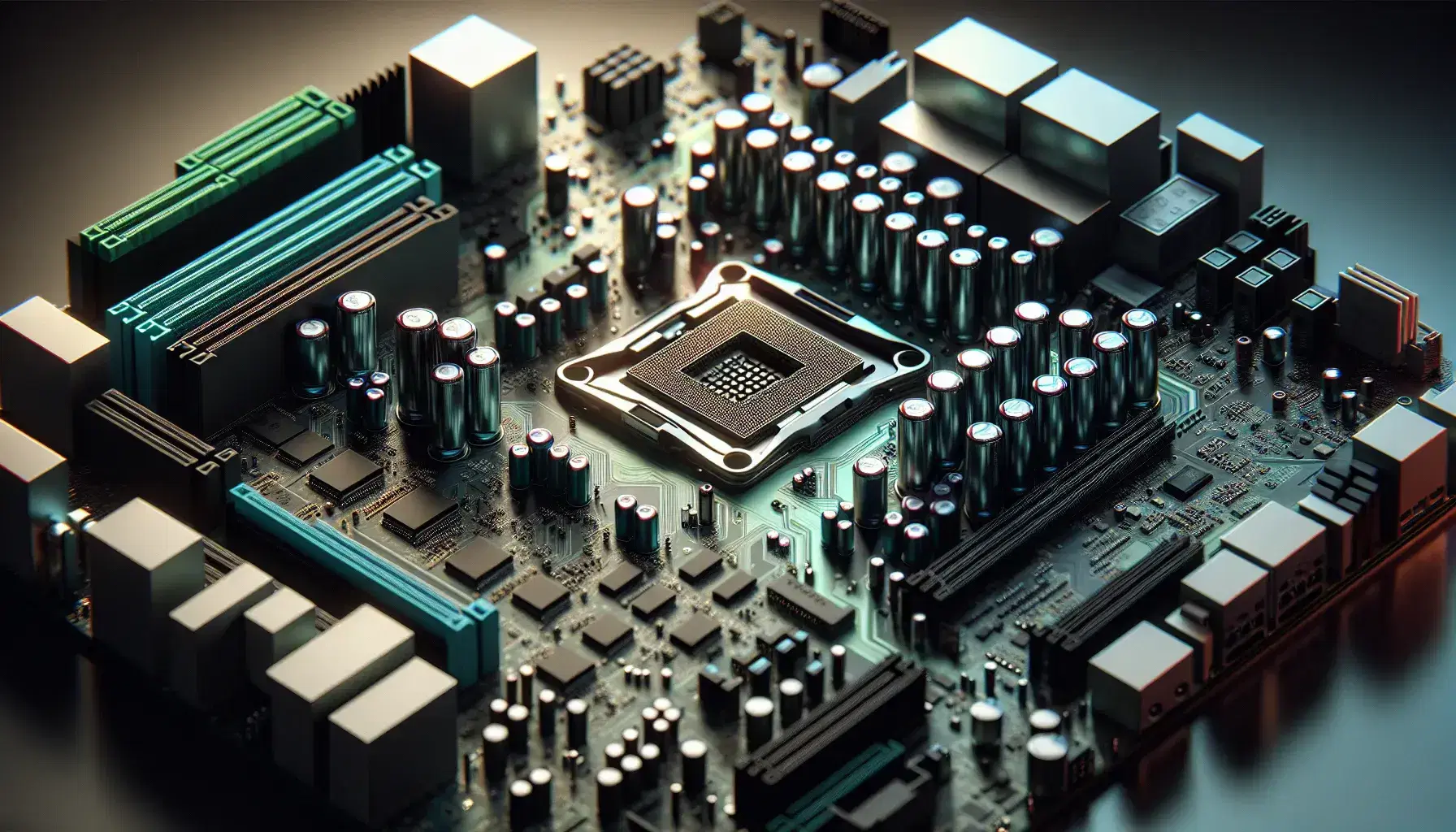 Primer plano de placa base de computadora con condensadores cilíndricos, ranuras de expansión y zócalo de CPU, rodeado de puertos de entrada/salida y trazas de circuito.