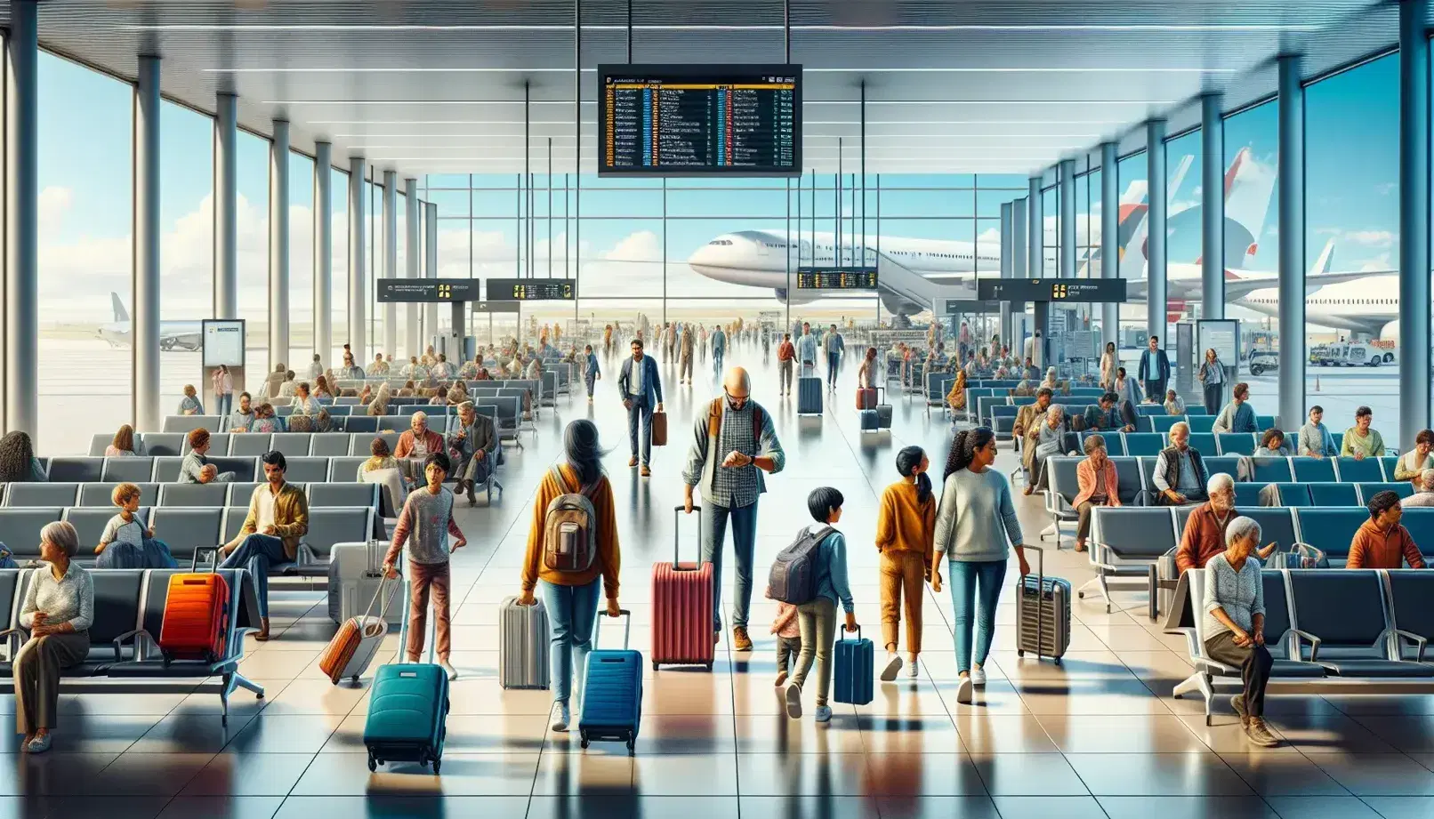 Bustling airport terminal scene with diverse travelers, a South Asian family walking forward, a solo traveler checking time, and a bright, reflective floor.
