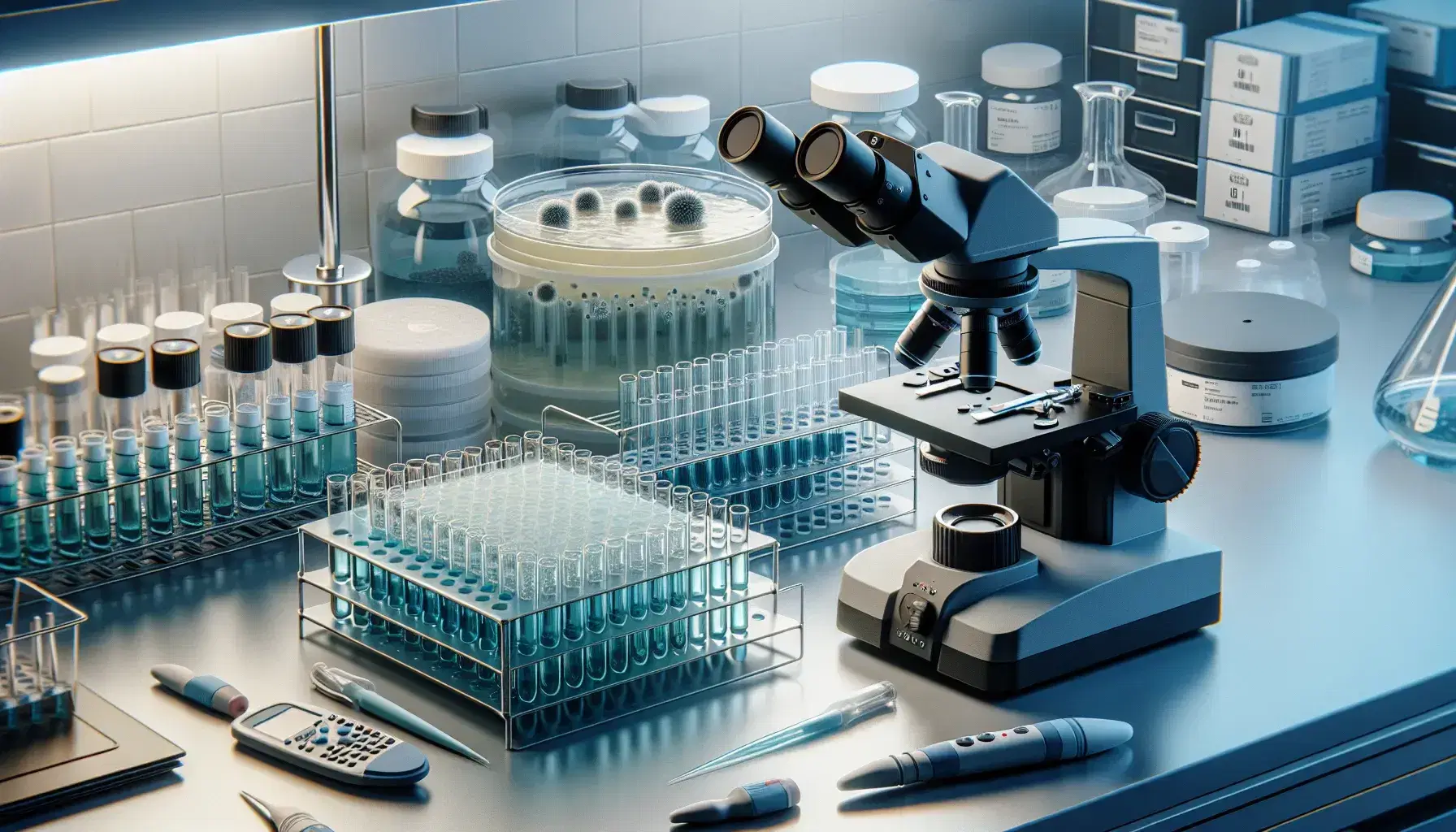 Microscopio electrónico en laboratorio de biología molecular con tubos de ensayo en gradiente azul, pipeta automática y plato de Petri con cultivo bacteriano.