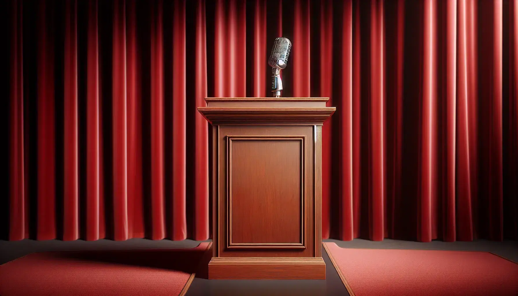Vintage microphone on polished mahogany podium with red velvet curtain backdrop on a stage, evoking anticipation for a speech.