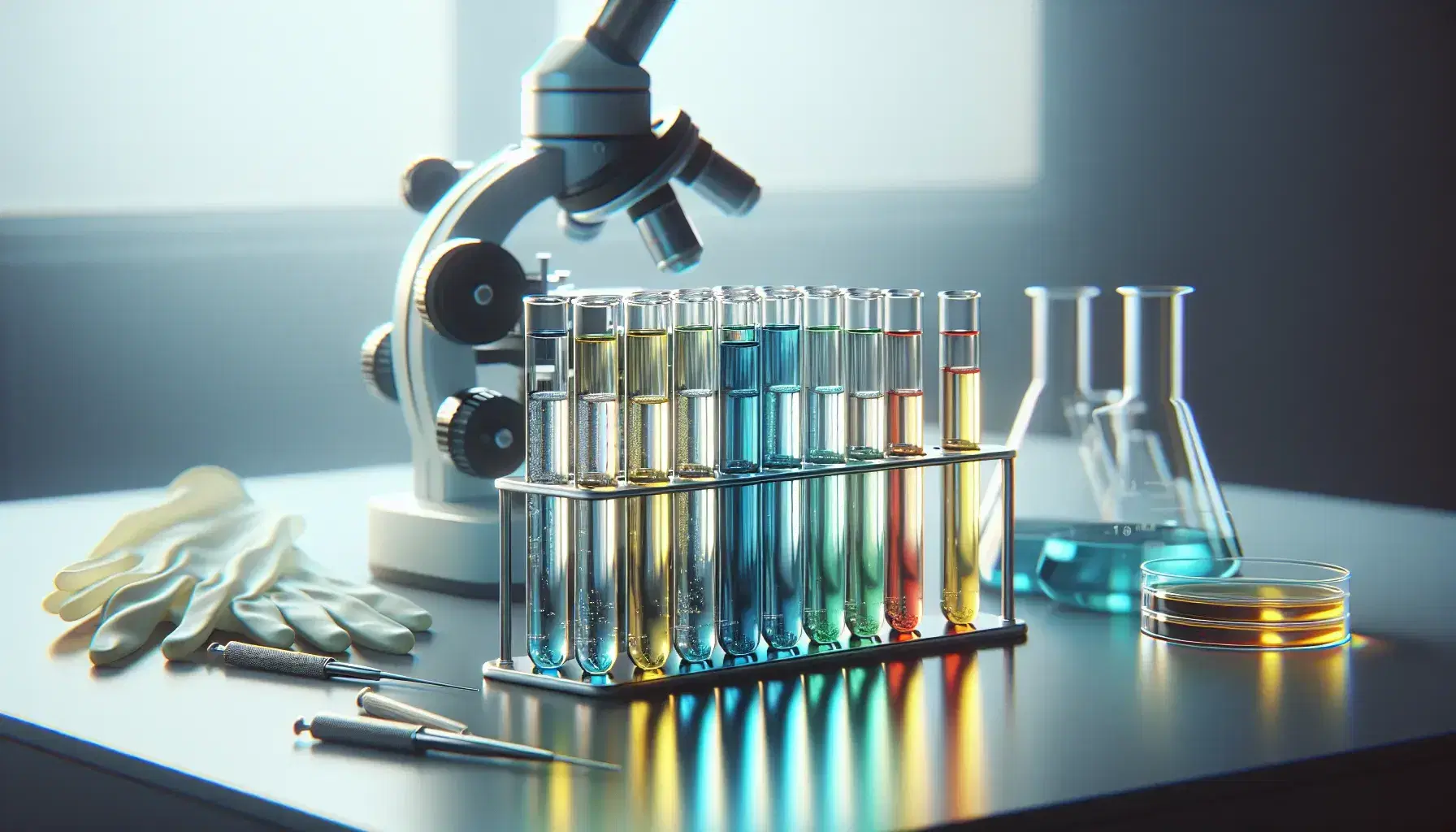 Tubos de ensayo con líquidos de colores variados en soporte metálico junto a microscopio plateado y guantes de látex en laboratorio.