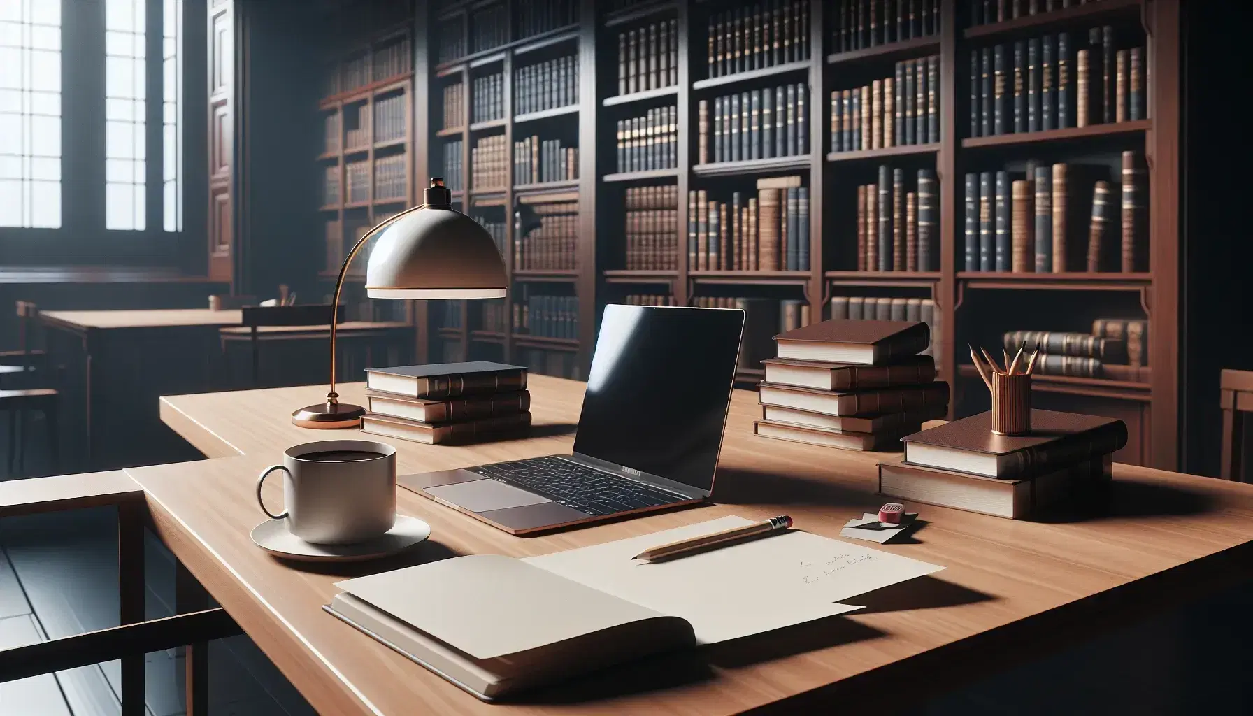Biblioteca acogedora con estantes de madera repletos de libros, mesa con laptop abierta, hojas en blanco y lápiz, junto a una taza de café y lámpara encendida.