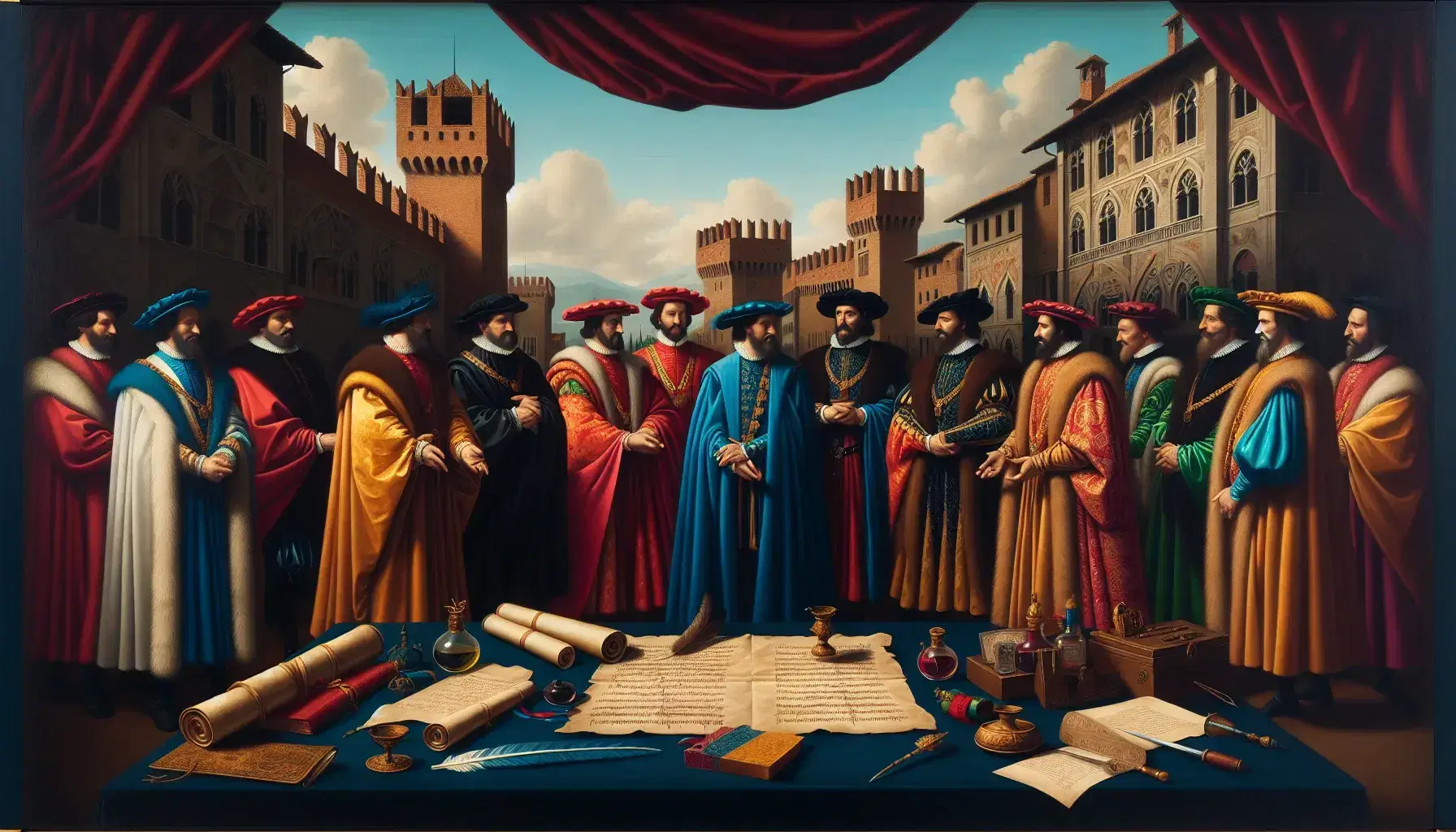 Rappresentanti degli stati italiani del Quattrocento in abiti d'epoca discutono la Pace di Lodi, con oggetti diplomatici su un tavolo e un ramo d'ulivo.