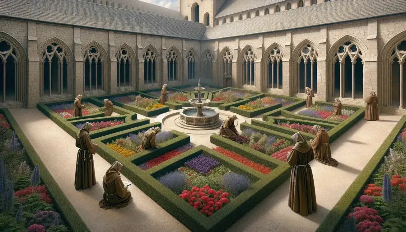 Serene medieval monastery courtyard with robed figures, a manicured garden, stone fountain, and a wooden cross atop weathered walls under a clear sky.