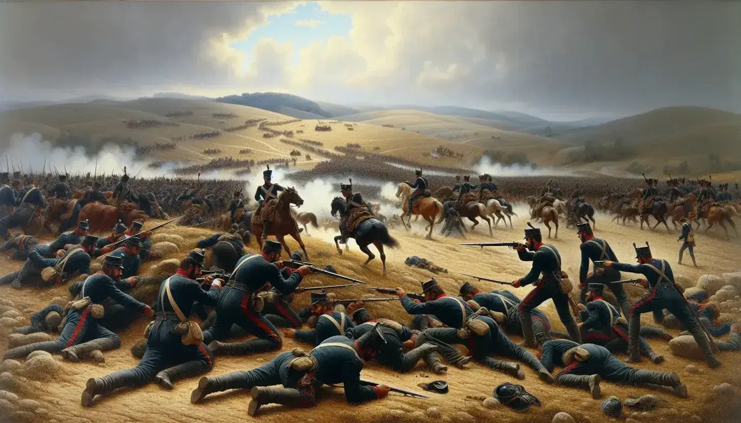 Dipinto storico della Battaglia di Solferino e San Martino con soldati in uniforme blu e rossa impegnati in combattimento su terreno collinare.