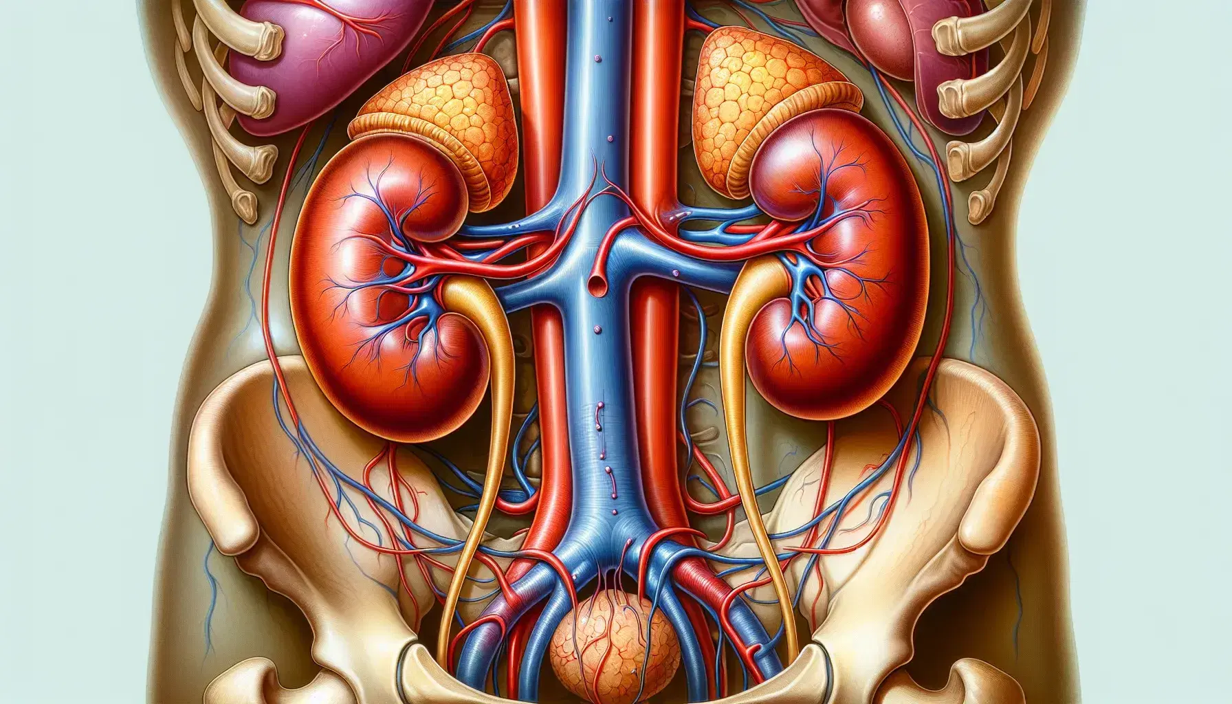 Rappresentazione anatomica dettagliata di due reni umani con ghiandole surrenali, arterie renali rosse, vene renali blu e ureteri.