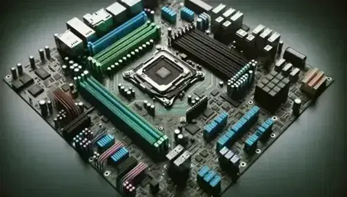 Placa base de computadora con procesador metálico central, capacitores cilíndricos, ranuras de memoria RAM azules y puertos de expansión marrones.
