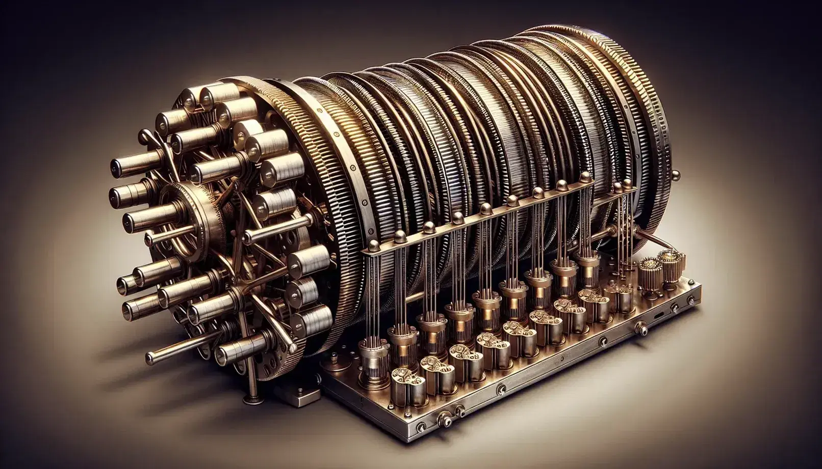 Vintage mechanical calculator with metal drum, horizontal bands, square plates, gold gears, colored levers and knobs on mahogany wood base.