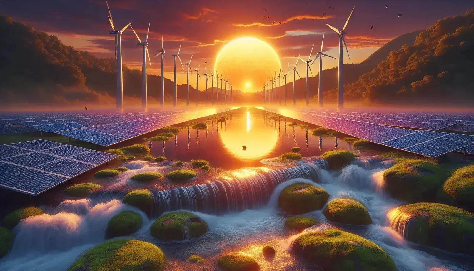 Tramonto con sole arancione che illumina il cielo e campo di pannelli solari, turbine eoliche a sinistra e cascata su rocce muschiose a destra.