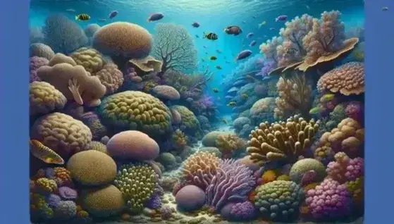 Vibrant underwater scene of a coral reef with branching corals, colorful fish and a sea turtle among turquoise and cobalt waters.