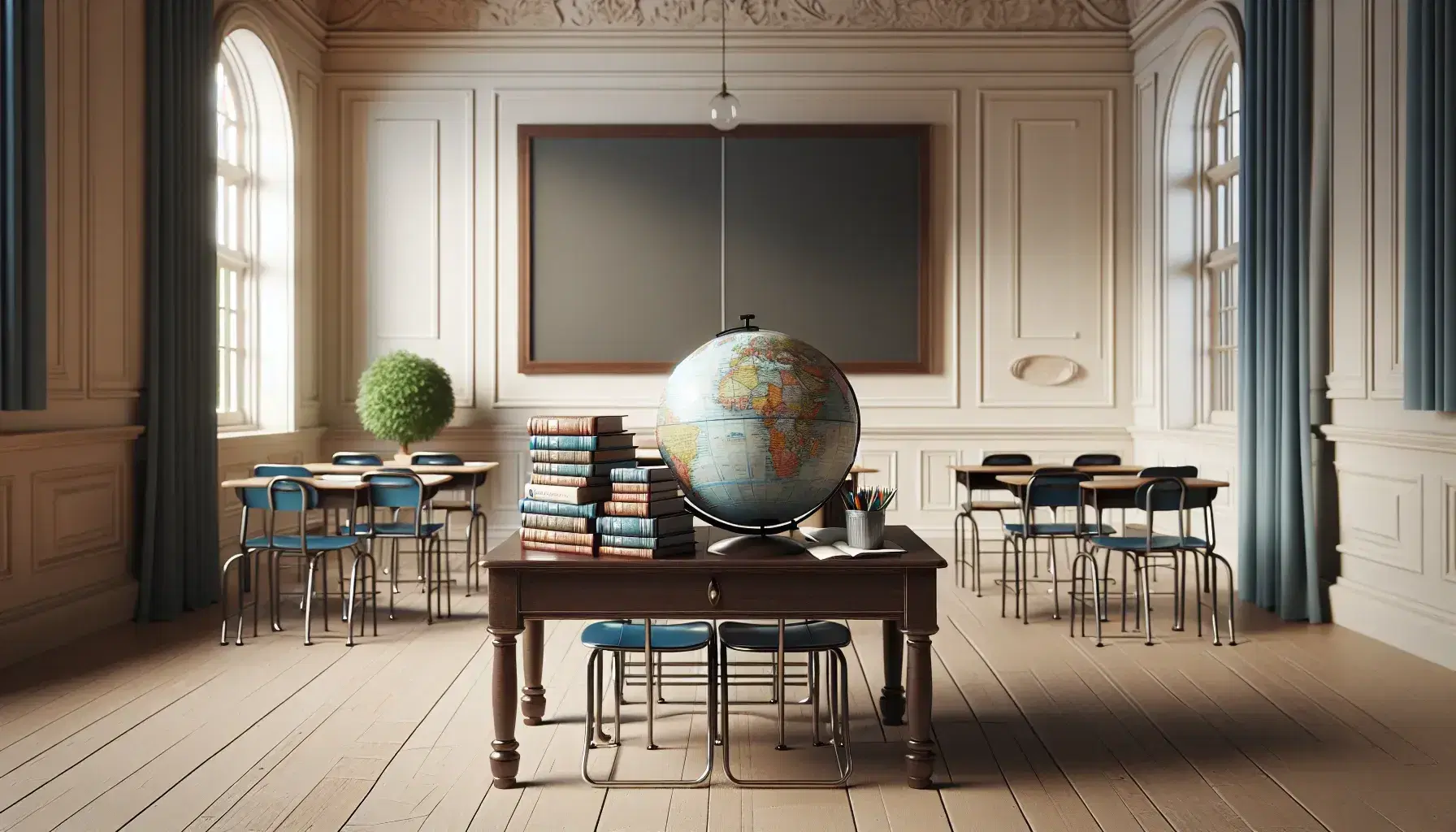 Aula tradicional con mesa de madera y libros apilados, globo terráqueo sin marcas, pizarra vacía, sillas de estudiante y planta verde.