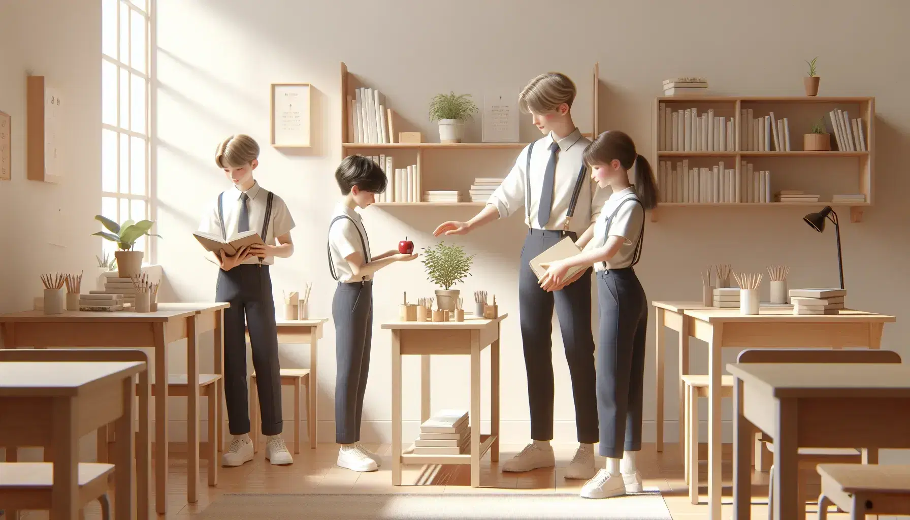 Estudiantes en uniforme escolar organizando libros y decorando aula con plantas, uno de ellos entrega una manzana a persona fuera de cuadro.