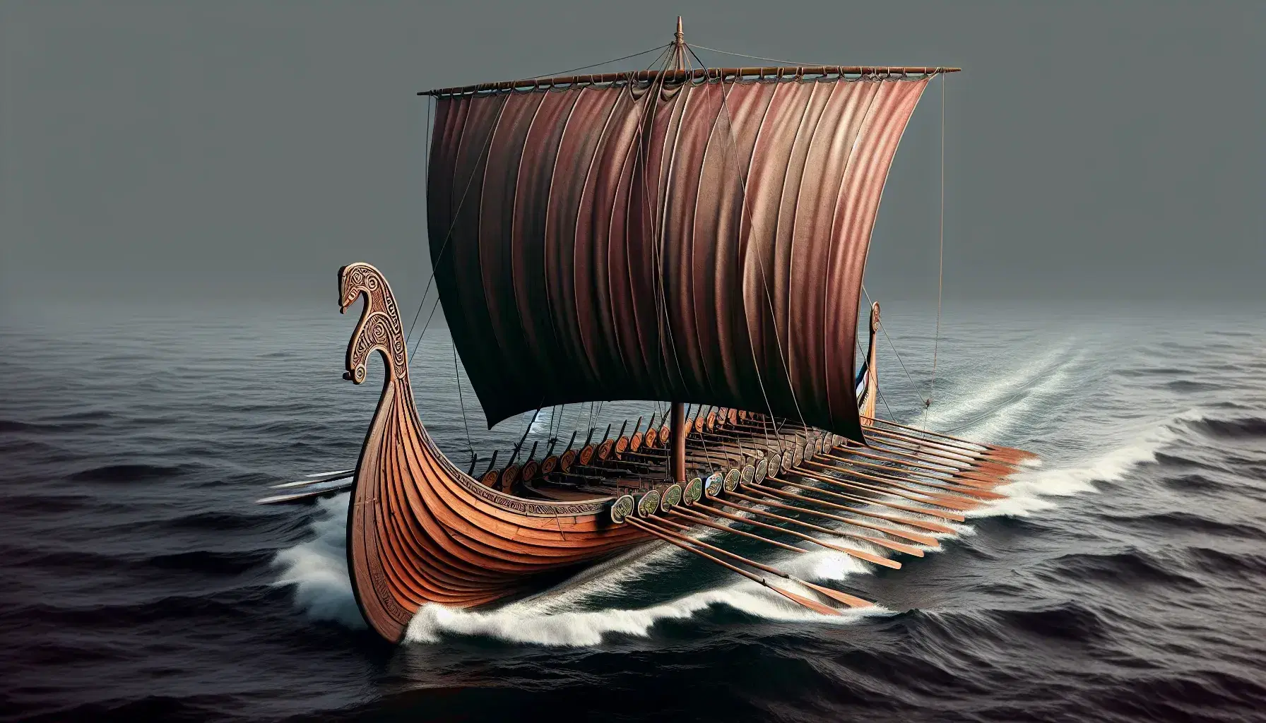 Traditional Viking longship at sea with a red square sail, dragon figurehead, and a backdrop of a calm blue sea and distant green coastline.