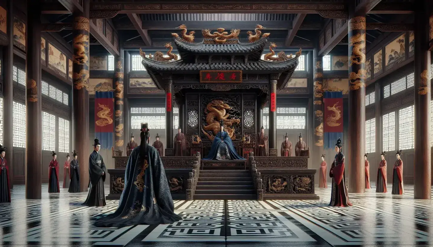 Scena storica corte Qing con trono vuoto, due figure in abiti tradizionali, colonne intagliate e giardino cinese visibile da finestra.