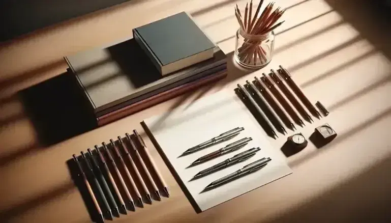 Organized wooden desk with stack of hardcover books, jar of sharpened pencils, white paper with silver fountain pen, and simple analog clock.