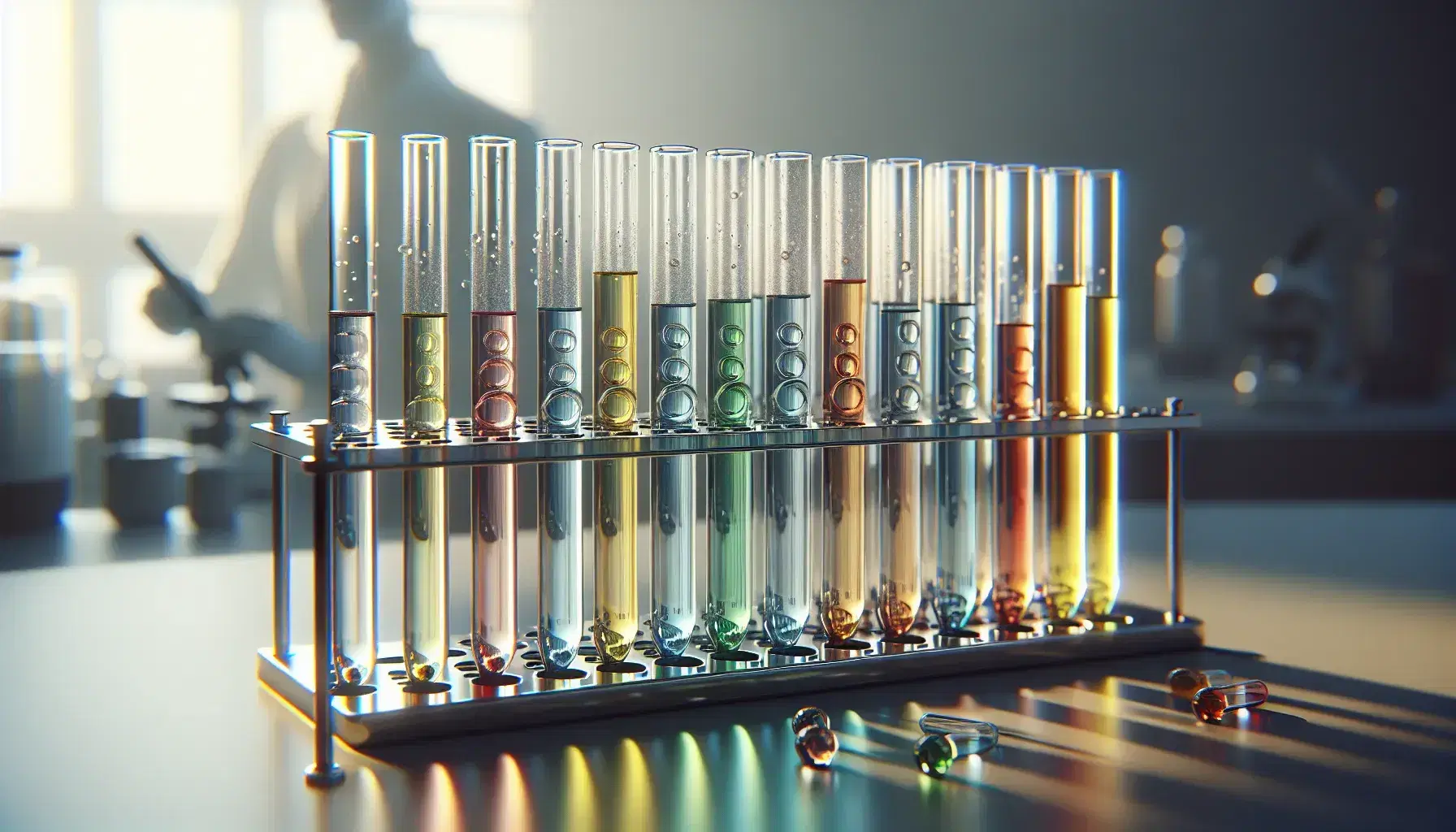 Tubos de ensayo de vidrio con líquidos de colores variados en gradilla metálica, con figura borrosa de científico al fondo, en laboratorio.