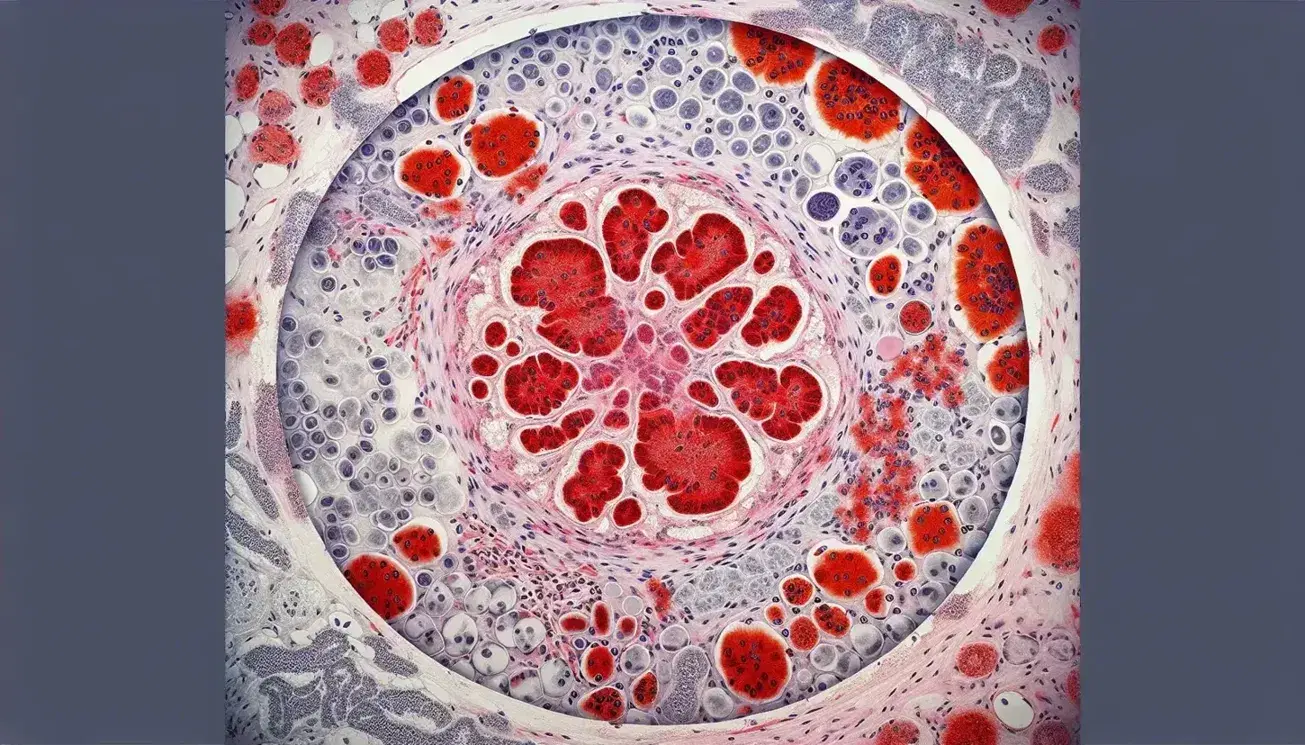 Vista microscópica de tejido humano con respuesta inflamatoria, mostrando tejido rojo intenso y variedad de leucocitos en acción.