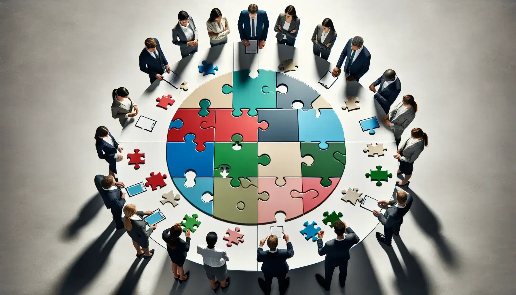 Grupo diverso de profesionales colaborando en la construcción de un rompecabezas de colores sobre una mesa redonda en un entorno de oficina.