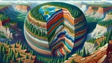 Geological landscape with cross section of the Earth, colorful layers in a cliff, lush forest, snow-capped mountains and meandering river.