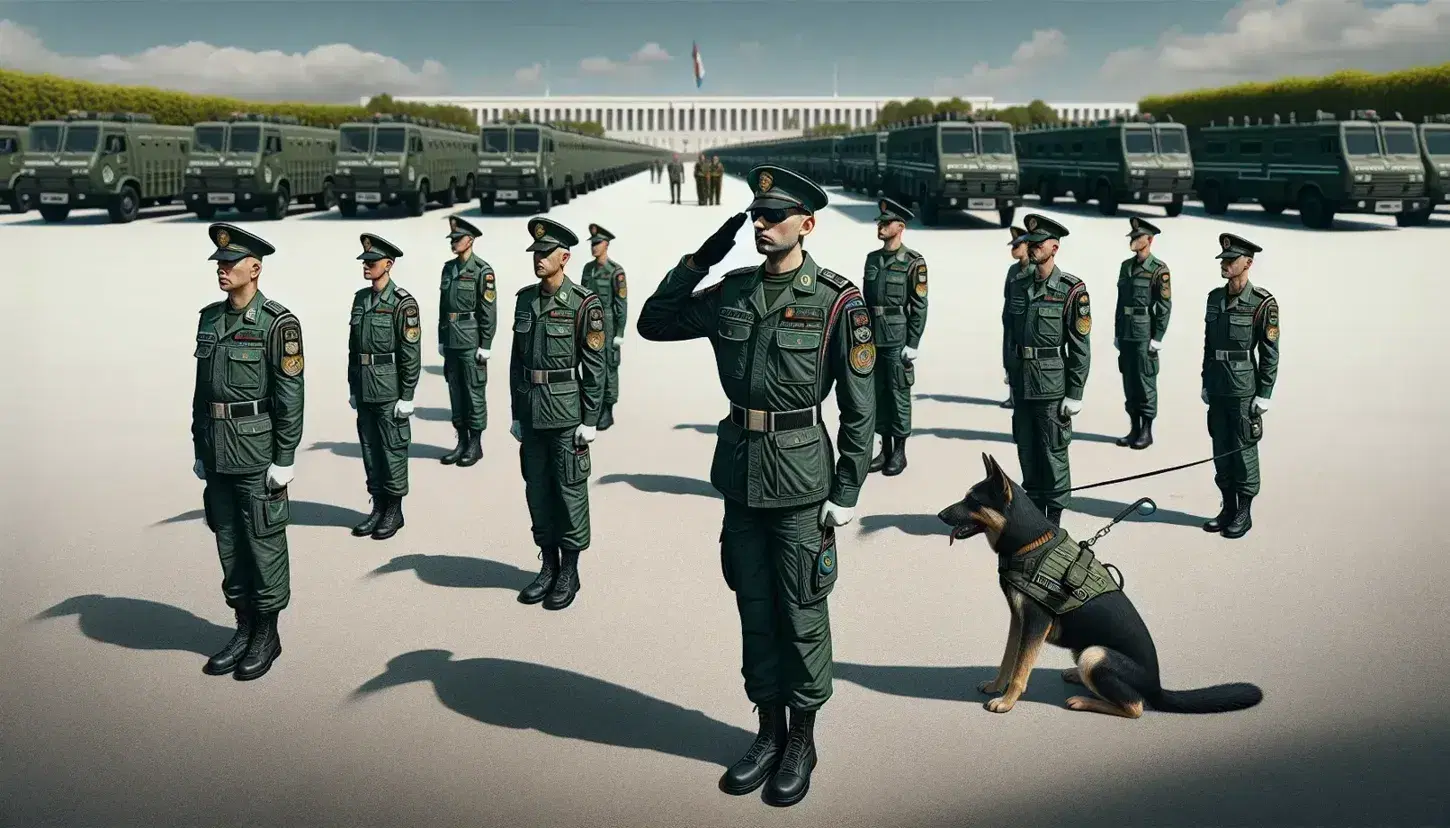 Miembros de la Guardia Civil en uniforme de servicio forman una línea recta al aire libre, uno saluda militarmente y un perro de servicio los acompaña, con vehículos oficiales al fondo en un día despejado.
