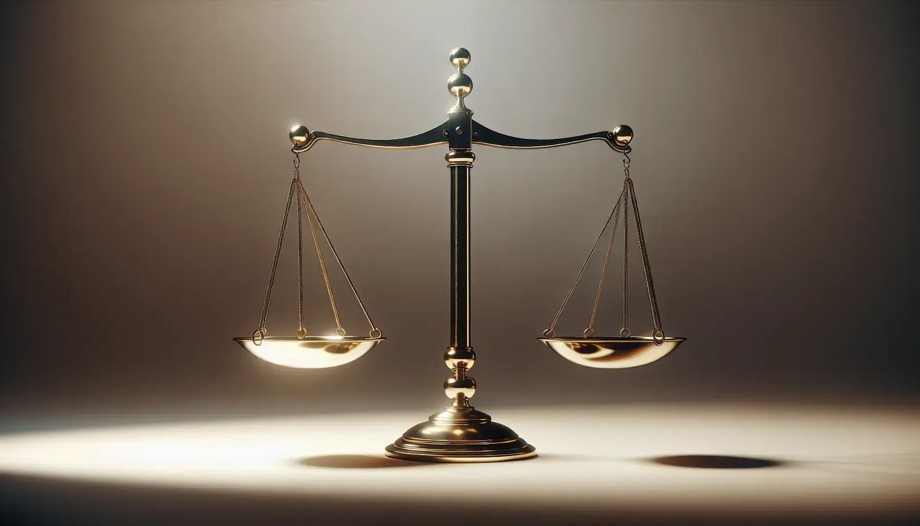 Balanza de justicia equilibrada de metal brillante con acabado dorado y platos colgantes, sobre fondo neutro que resalta su silueta.