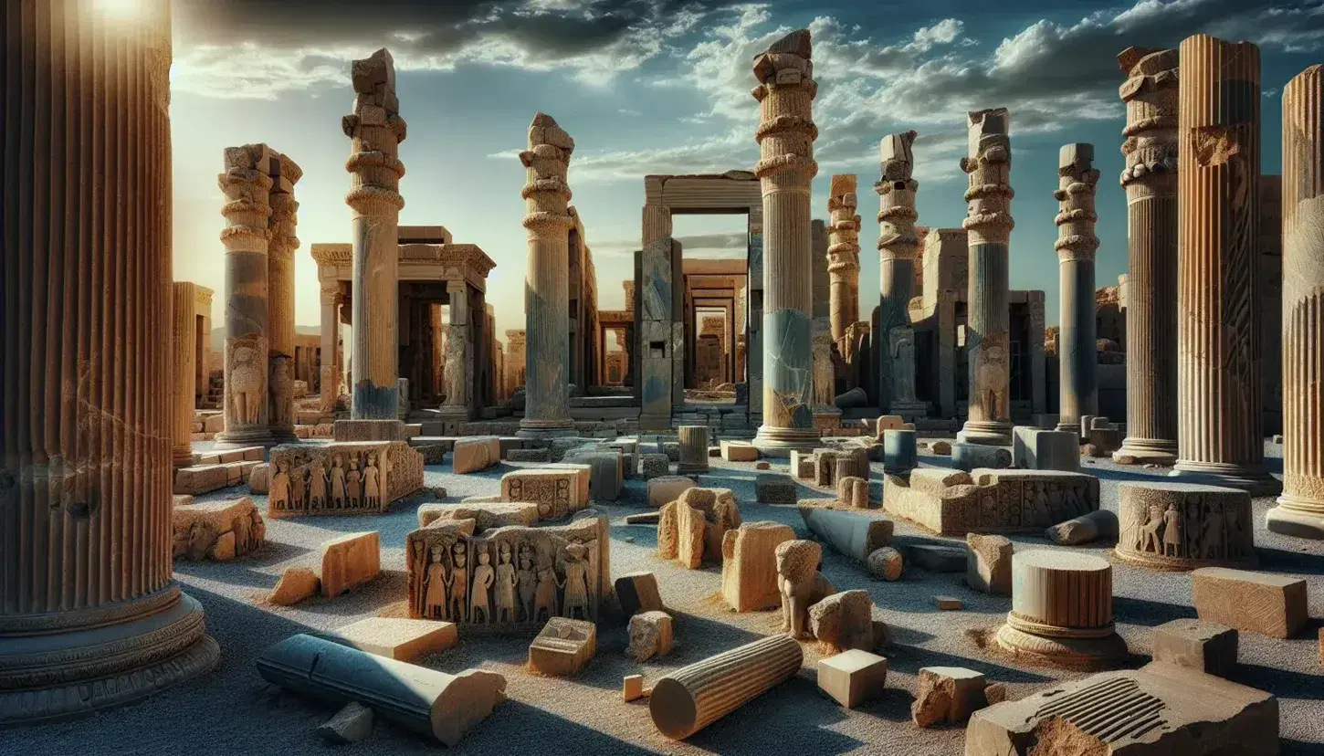 Rovine antiche di Persepoli con colonne erette e cadute, capitelli scolpiti e frammenti di sculture sotto un cielo azzurro.
