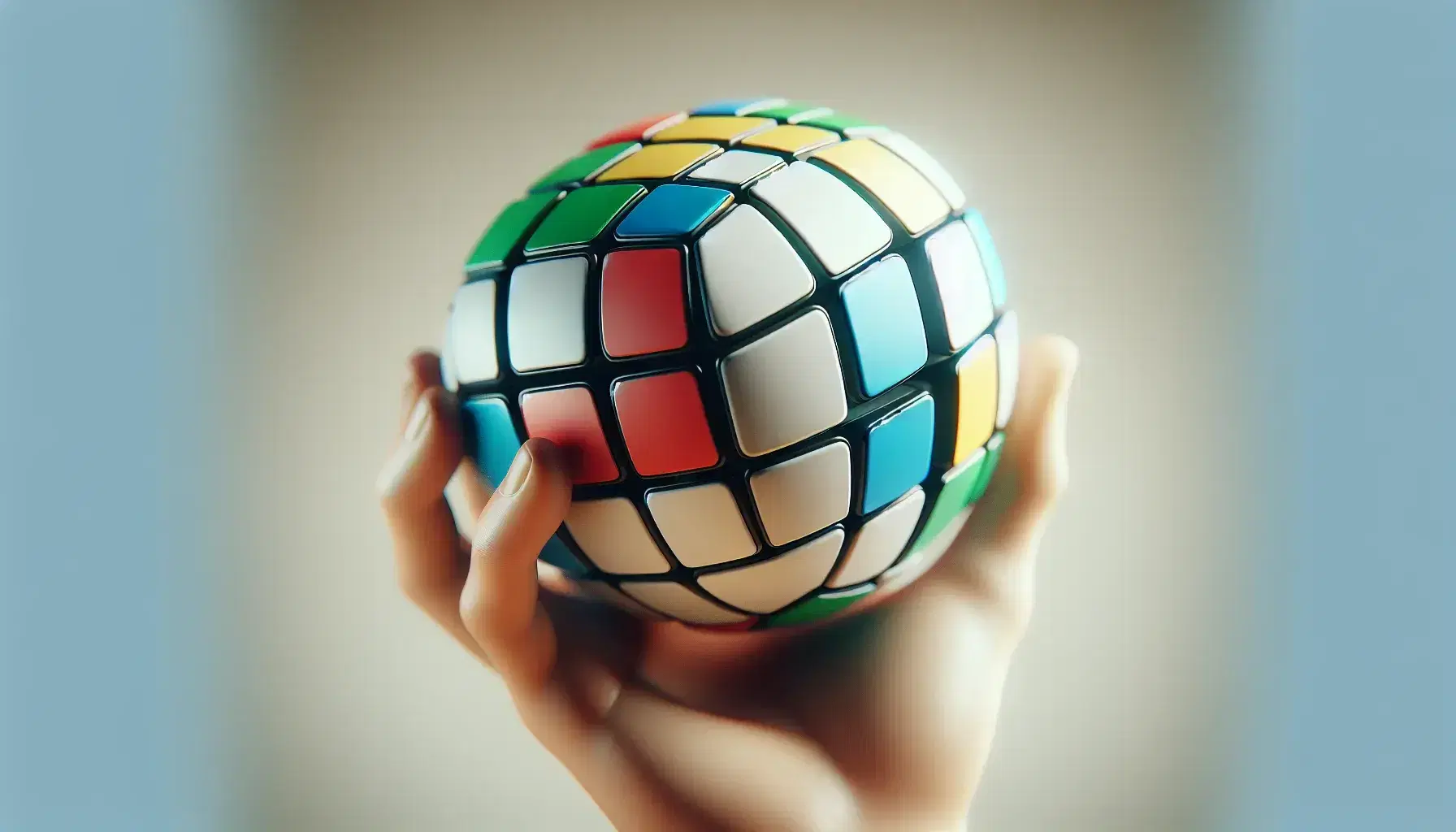 Mano sosteniendo un rompecabezas esférico multicolor similar al cubo de Rubik, con segmentos desordenados, sobre fondo desenfocado.