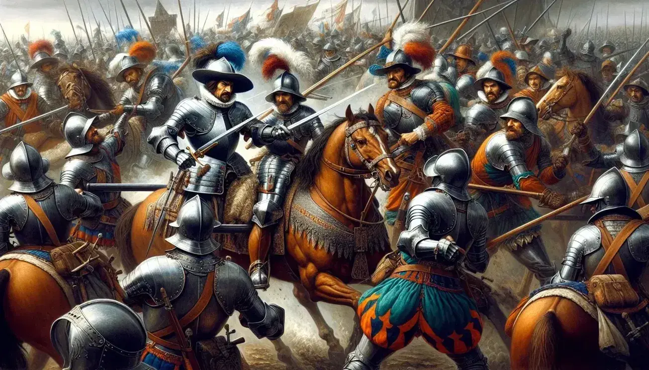 16th-century French Wars of Religion battle scene with armored soldiers, cavalry charge, ruined gothic church, and tumultuous sky.
