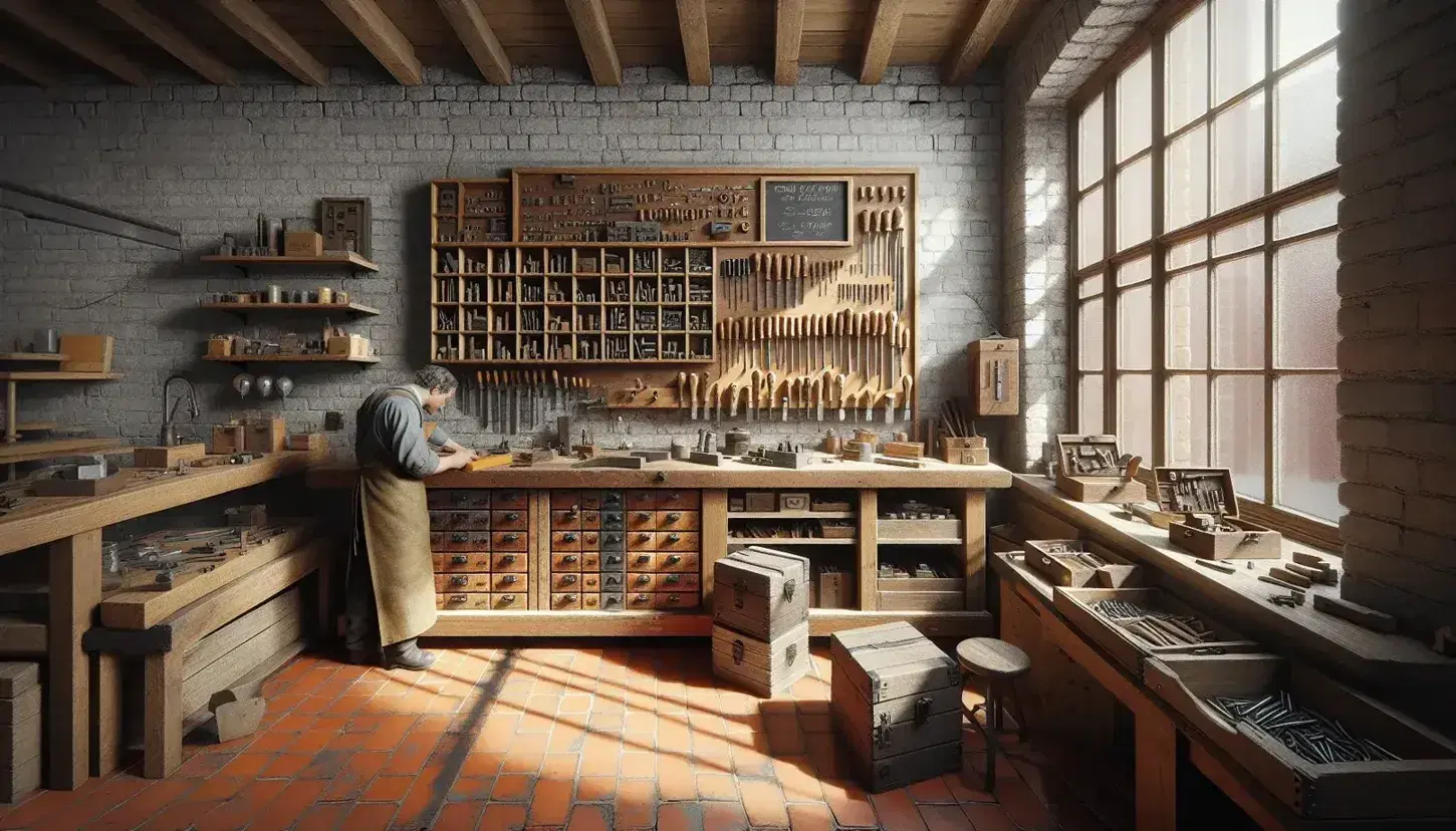 Bottega artigianale con pareti in mattoni a vista, banco in legno e strumenti ordinati, finestra illuminante e persona al lavoro su un banco da falegname.
