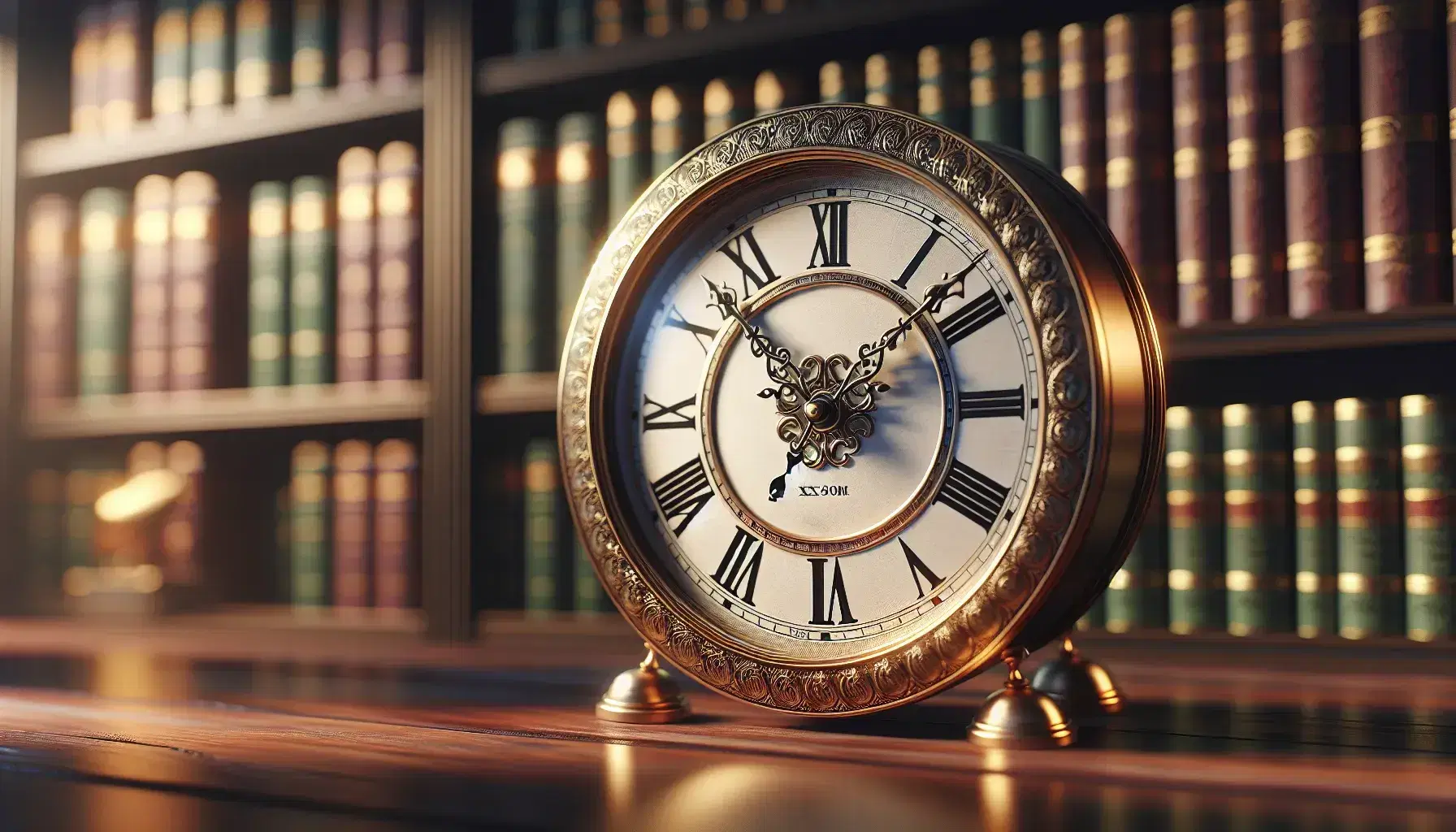 Vintage golden-framed analog clock showing ten minutes to two with Roman numerals, set against a blurred library backdrop with muted bookshelves.