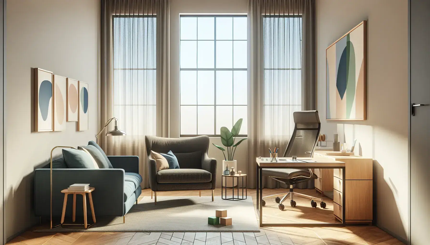 Ufficio di consulenza psicologica con poltrona blu, divano, scrivania con fogli, sedie ergonomiche, libreria e quadri astratti.