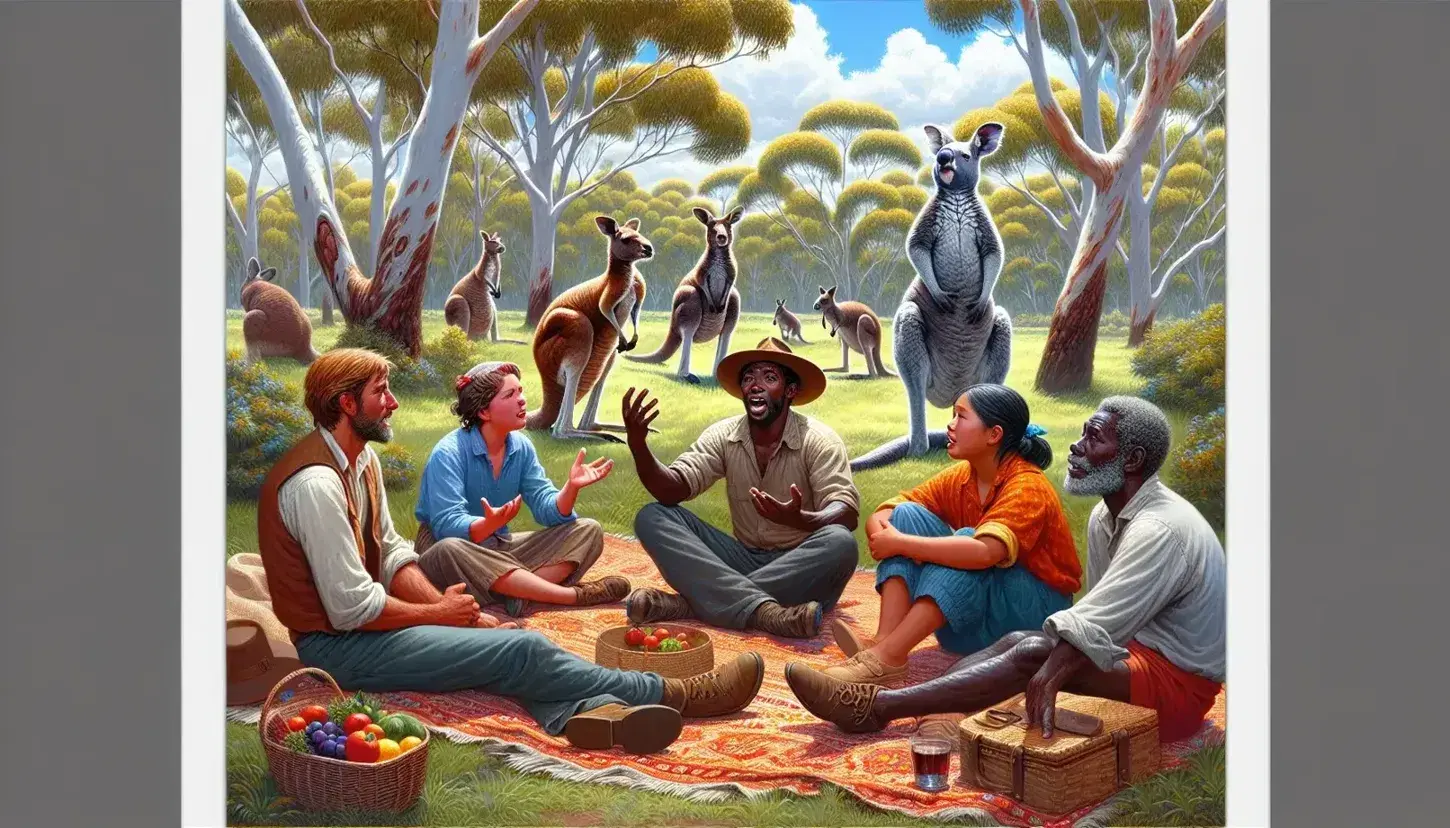 Diverse group enjoying a picnic in an Australian park with a kangaroo and koala among eucalyptus trees under a clear blue sky.