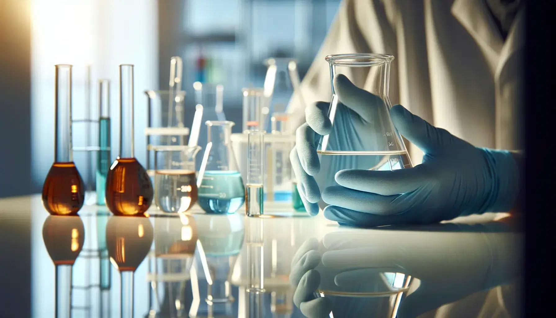 Close-up view of blue-gloved hands holding a beaker with clear liquid in a lab, with colorful glassware on a white counter in the background.