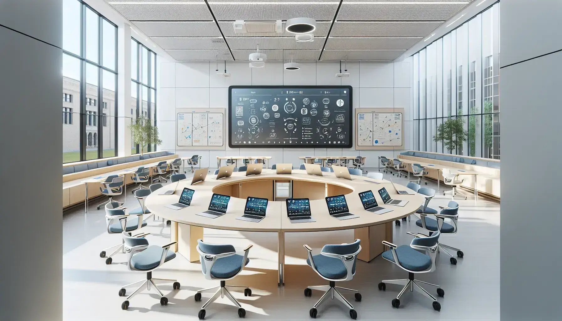 Aula moderna di istituto tecnico superiore con tavolo ovale, sedie ergonomiche, laptop, pannelli informativi, pianta verde e pannello interattivo.