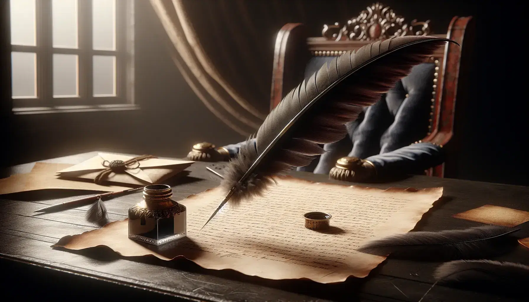 Quill pen on blank parchment with ink droplet, beside brass inkwell and wax-sealed letter on a dark wood desk, evoking a 17th-century writing scene.