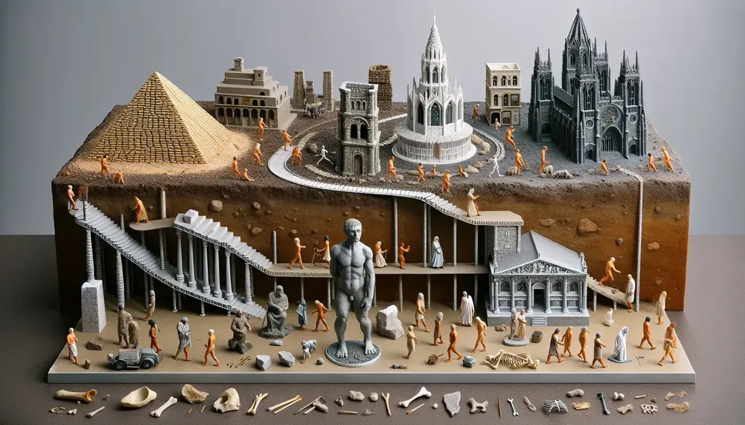 Línea de tiempo tridimensional que muestra la evolución humana, desde un homínido primitivo hasta la era contemporánea con edificios y vehículos modernos, culminando con la Tierra en el espacio.