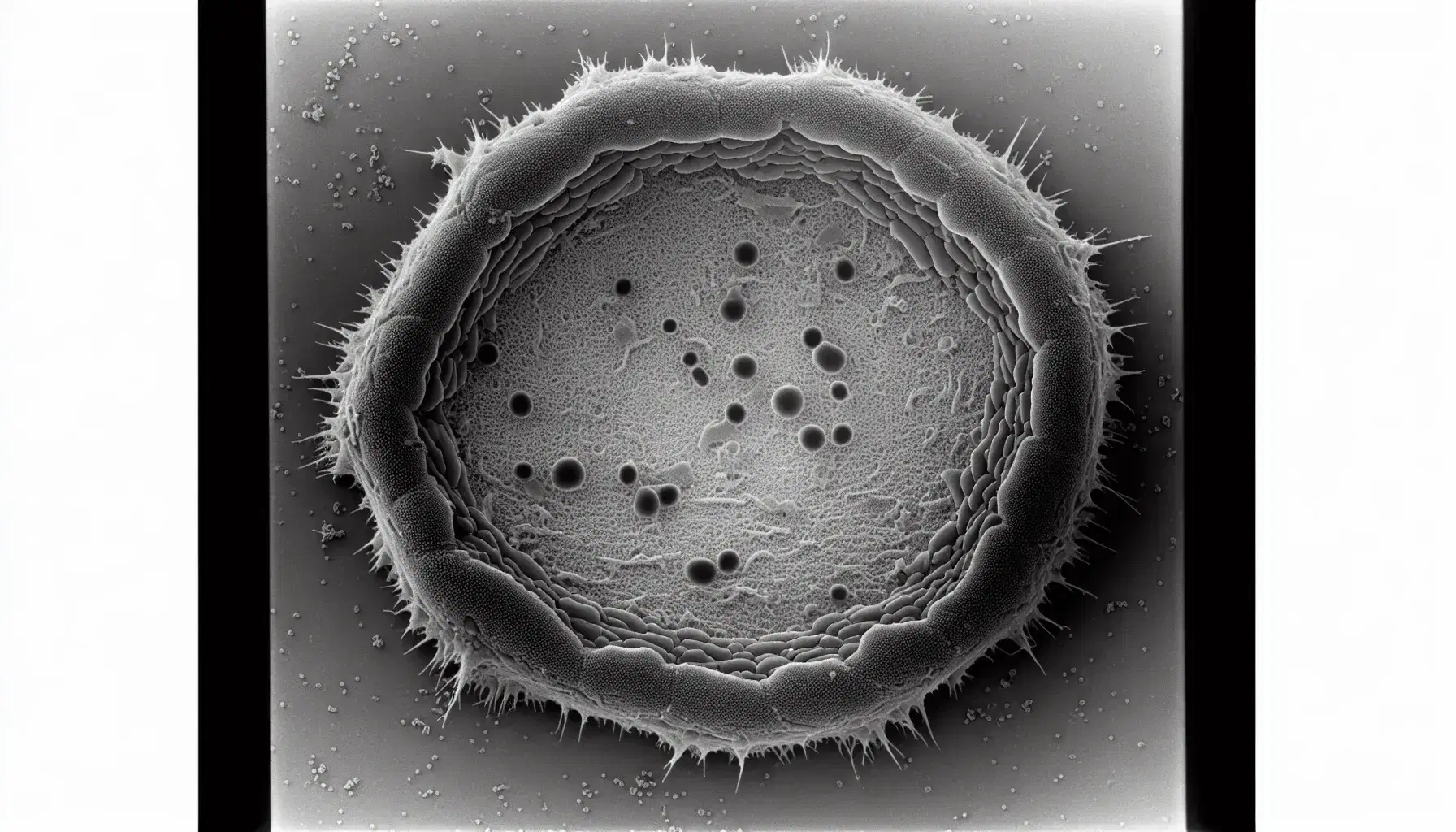 Microfotografia TEM di cellula procariotica con membrana, citoplasma granulare e ribosomi visibili, DNA in regione chiara, senza nucleo o organuli.