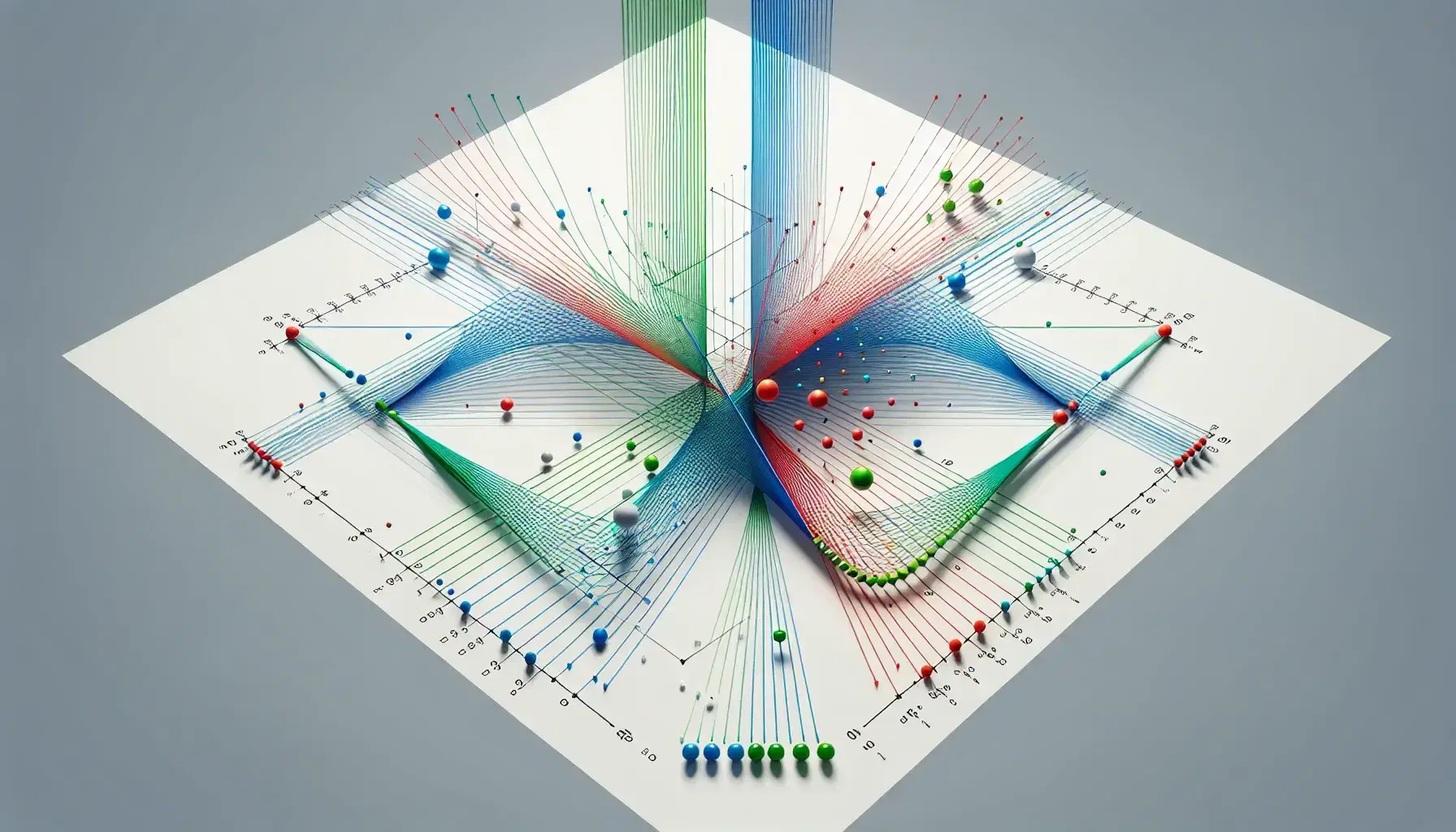 Three-dimensional Cartesian coordinate system with colored axes and evenly spaced spheres, surrounded by various gray vectors emanating from the origin.