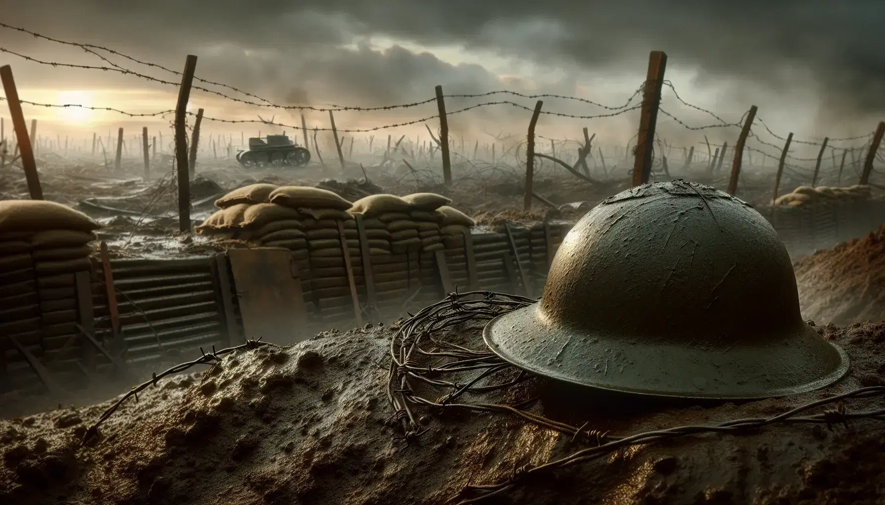 Casco militar de la Primera Guerra Mundial abollado y sucio en un campo de batalla con alambre de púas y trincheras bajo un cielo nublado al amanecer o atardecer.