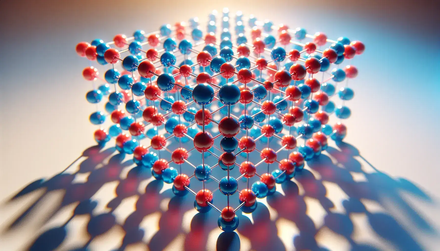 Estructura tridimensional de esferas rojas y azules alternadas en patrón cristalino con reflejos de luz, sin elementos distractores.