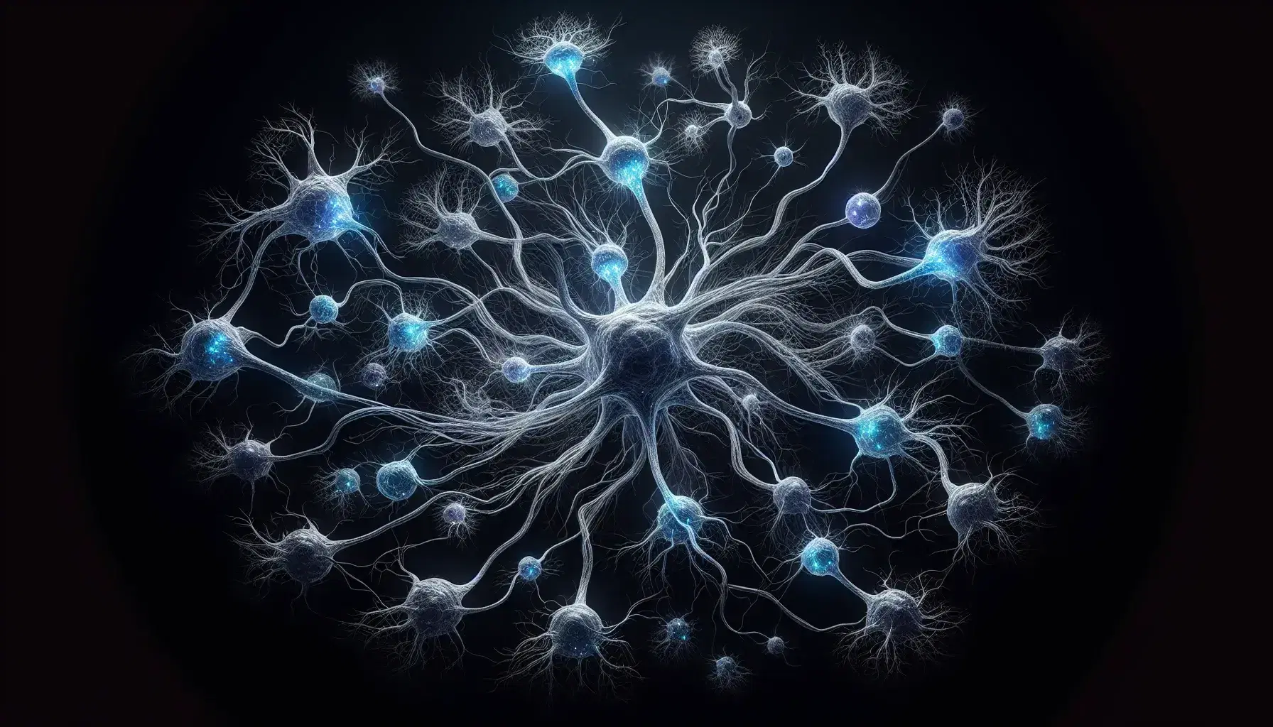 Red de neuronas interconectadas con dendritas azul translúcido sobre fondo negro, destacando la complejidad del sistema nervioso.