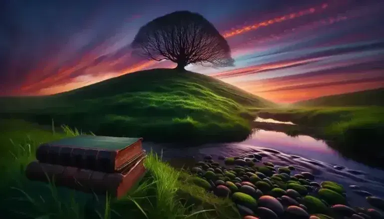 Paesaggio naturale al crepuscolo con collina erbosa, albero spoglio, cielo sfumato da arancio a blu notte, ruscello, libri antichi e gufo.