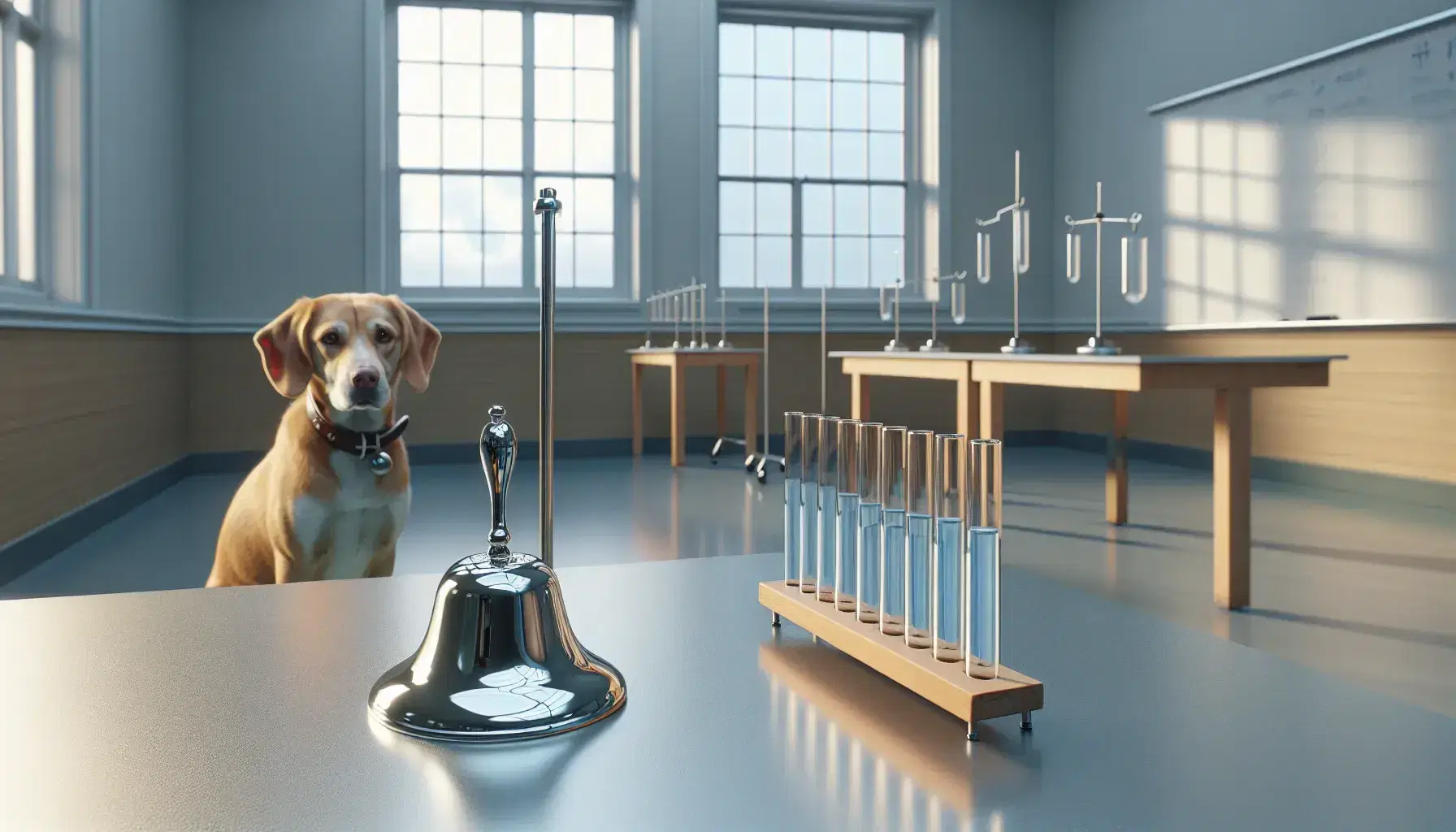Laboratorio de psicología con perro atento mirando una campana de metal y tubos de ensayo con líquido azul en una mesa.