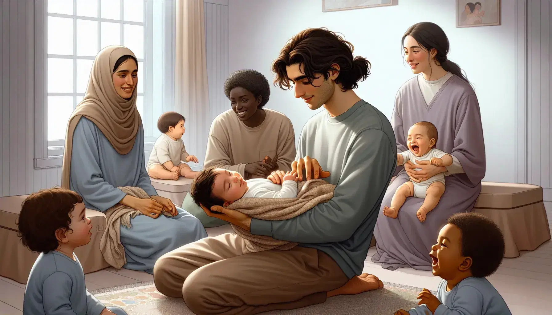 Multi-ethnic group of caregivers and newborns interact in a neutral room, with warm tones and welcoming atmosphere, expressing joy and curiosity.