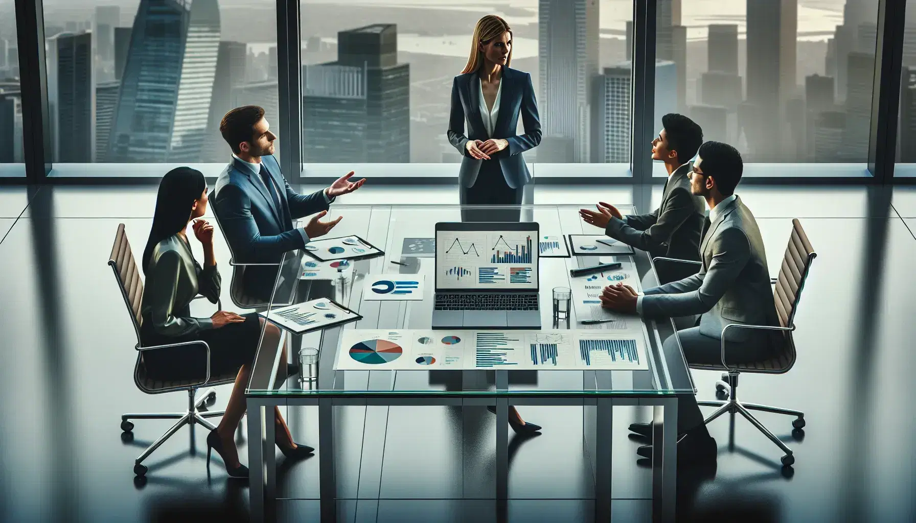 Three professionals collaborate around a glass table with a laptop and colorful charts in a modern office with a city skyline backdrop at dusk.